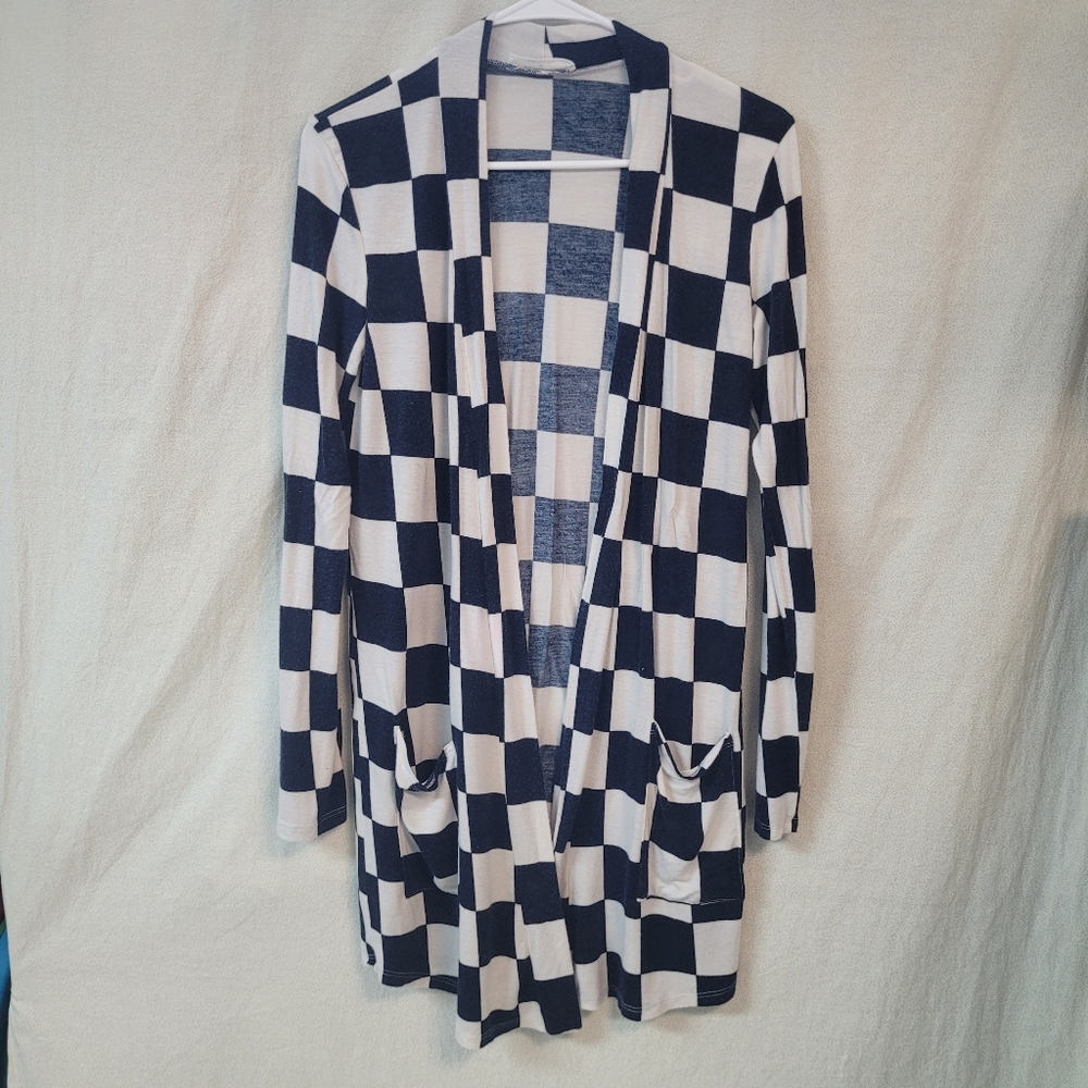 Zenana Cardigan, Womens Small, Navy & White Checkered Open Front With Pockets